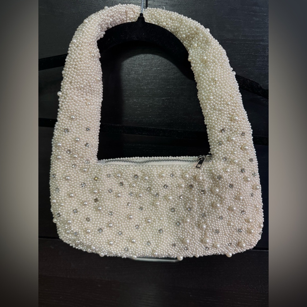 Elegant Pearl-Embellished Cream Handbag